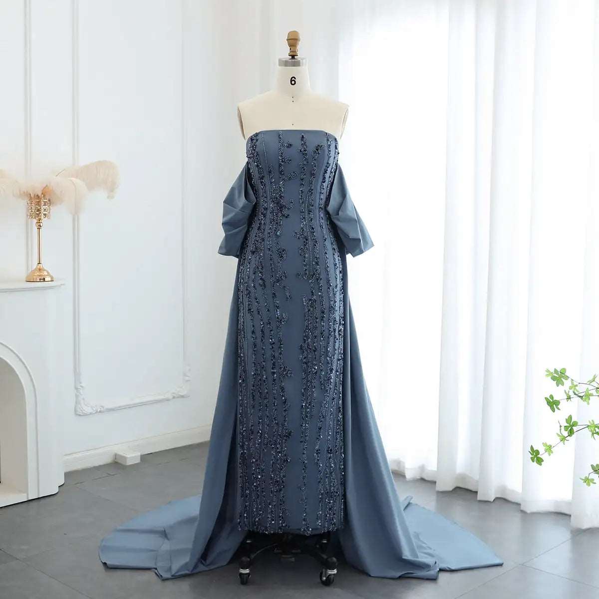 Luxury Silver Blue Strapless Sequined Evening Dress with Draped Regal Cape