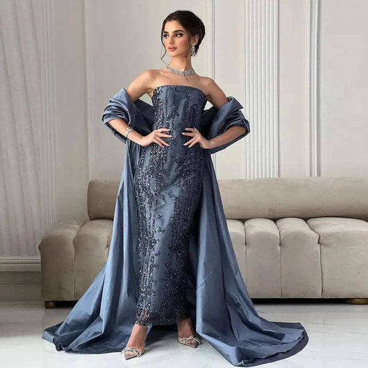 Luxury Silver Blue Strapless Sequined Evening Dress with Draped Regal Cape