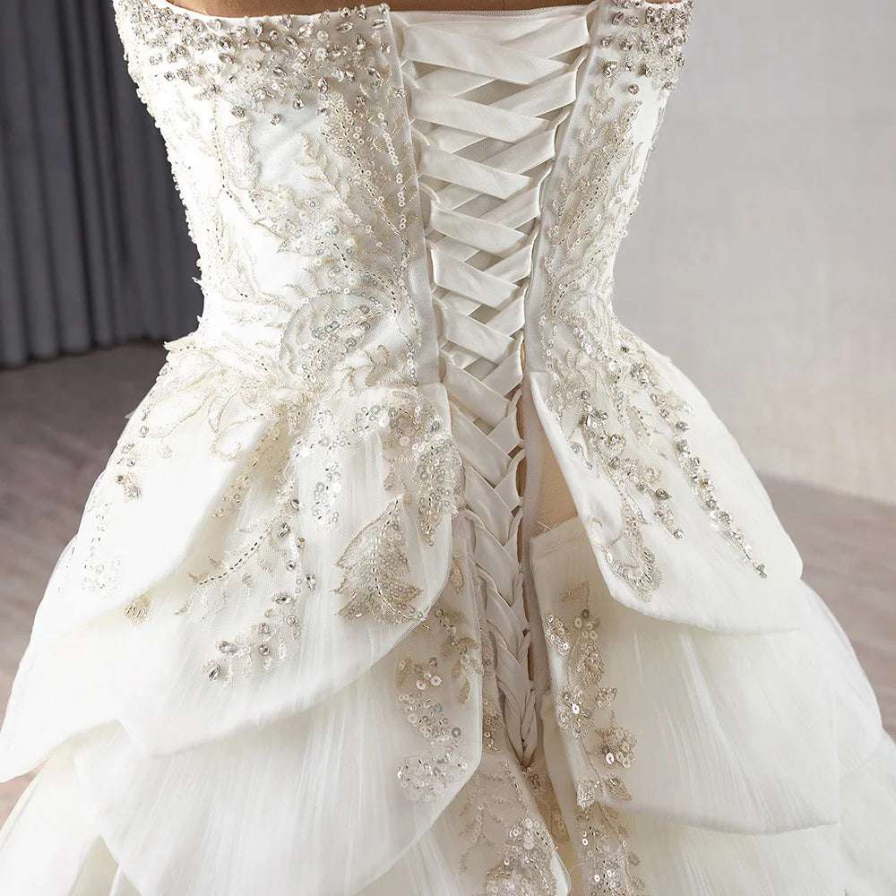 Vintage Flower Petal Ruffles White Wedding Gown with Gold Sequin High Slit - 80d3e6-0e.myshopify.com - -  