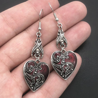 Gothic Darkened Crimson & Silver Heart Pendant Earrings with Bat Detail - 80d3e6-0e.myshopify.com - -  