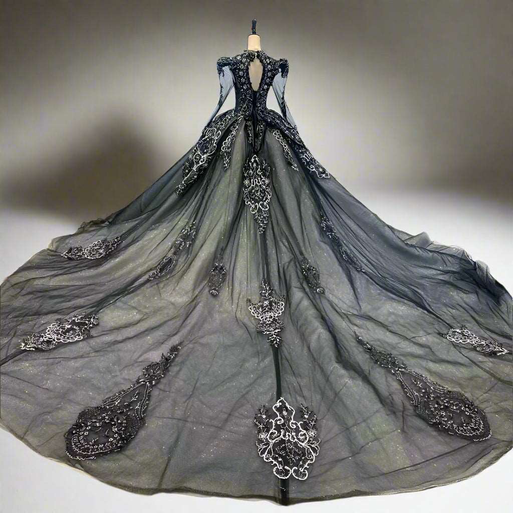 Regal Black Filigree Gothic Vintage Wedding Gown with V-Neck & Silver Embroidery