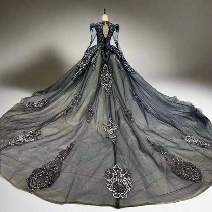 Regal Black Filigree Gothic Vintage Wedding Gown with V-Neck & Silver Embroidery