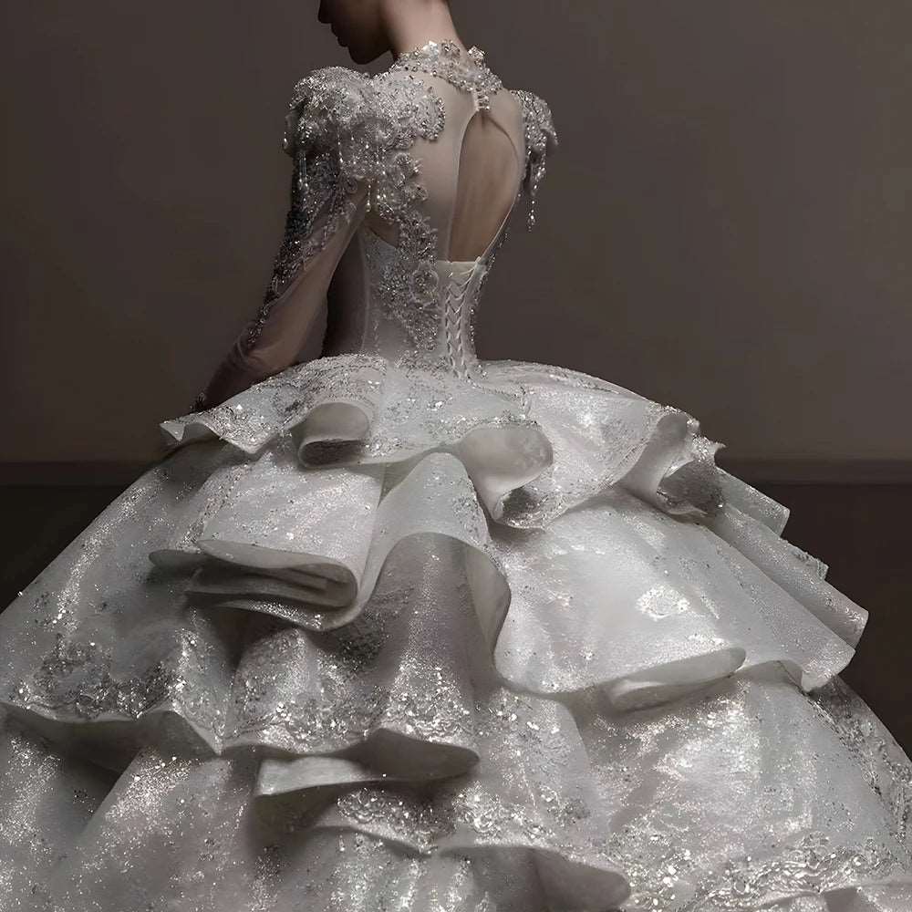 Silk Ivory Multilayered Wedding Gown with Silver Embroidery & Chapel Train