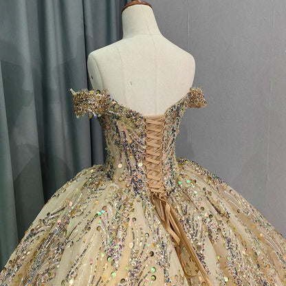 Luxury Golden Evening Ball Gown with Multicolored Sequins & Sweetheart Neckline