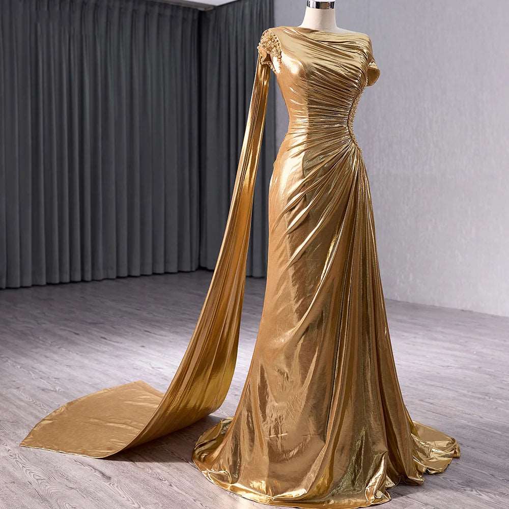 Metallic Liquid Gold Women's Beaded Peal Mermaid Evening Gown with Watteau Train