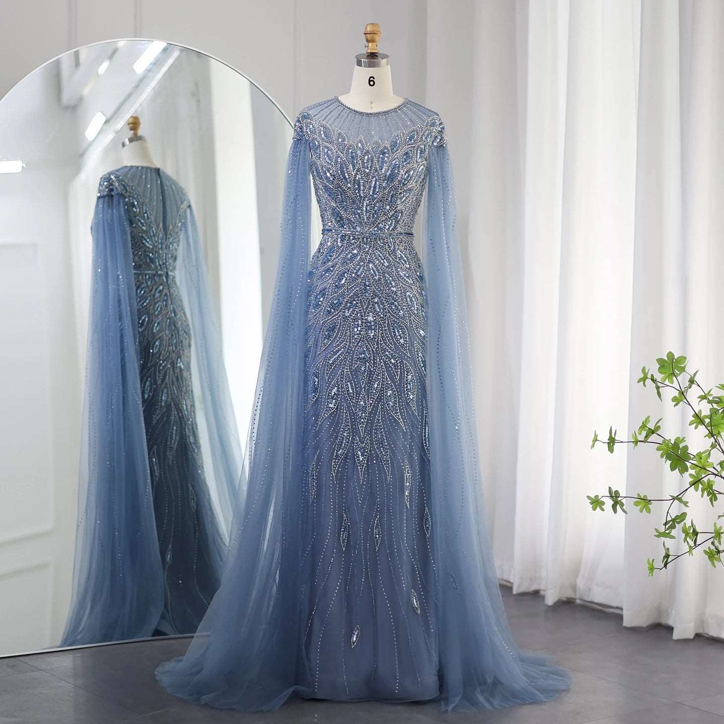 Women's Luxury Mermaid High Neck Evening Gown with Cape Sleeves & Rhinestones