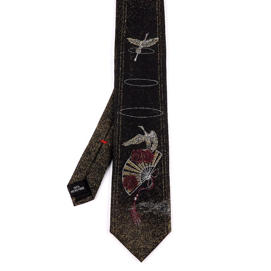 Men's Oriental Crane & Fan Chinese Style Black Jacquard Embroidered Necktie