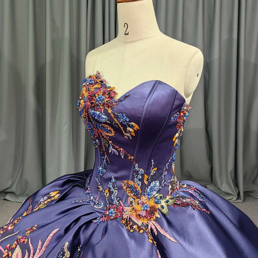 Navy Glitter Off-Shoulder Evening Gown with Floral Applique Purple Satin Corset - 80d3e6-0e.myshopify.com - -  