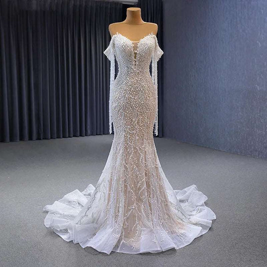 Ivory Off-Shoulder Sweetheart Beaded Pearls Short Sleeve Mermaid Wedding Gown - 80d3e6-0e.myshopify.com - -  