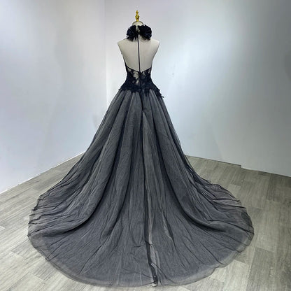 Vintage A-Line V-Neck Gothic Black Lace Wedding Gown with Watteau Train - 80d3e6-0e.myshopify.com - -  