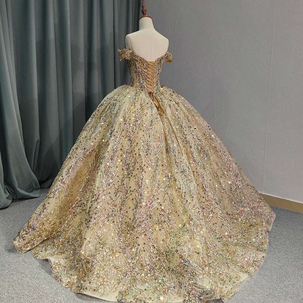 Luxury Golden Evening Ball Gown with Multicolored Sequins & Sweetheart Neckline