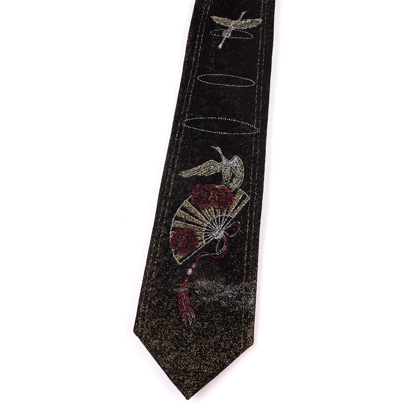 Men's Oriental Crane & Fan Chinese Style Black Jacquard Embroidered Necktie