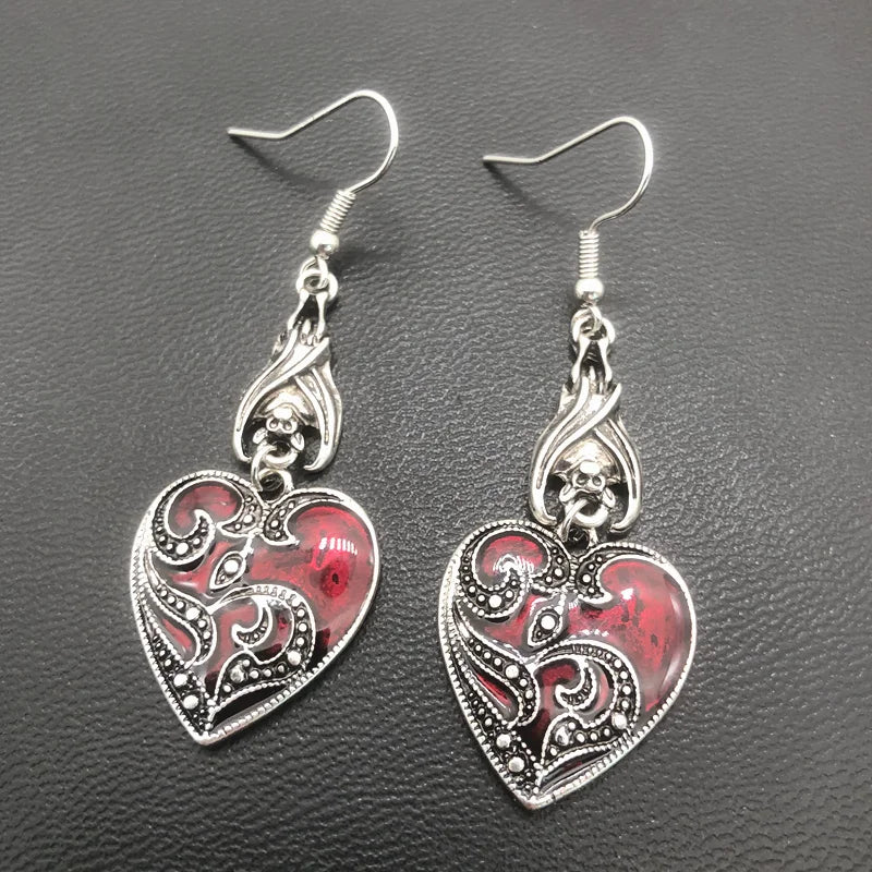 Gothic Darkened Crimson & Silver Heart Pendant Earrings with Bat Detail - 80d3e6-0e.myshopify.com - -  