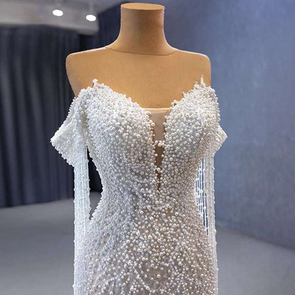 Ivory Off-Shoulder Sweetheart Beaded Pearls Short Sleeve Mermaid Wedding Gown - 80d3e6-0e.myshopify.com - -  