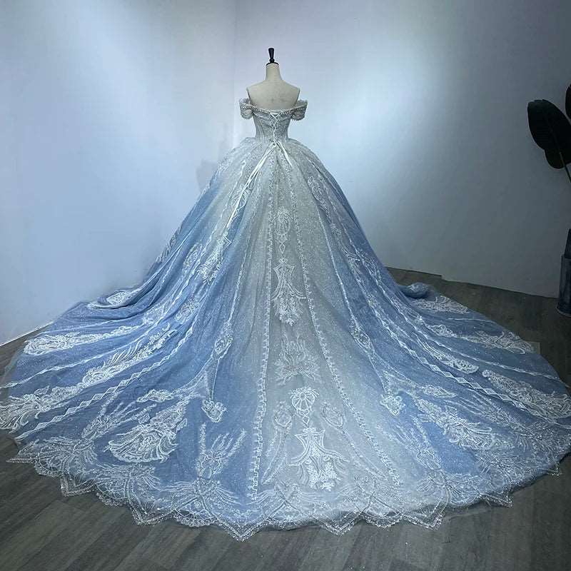 Vintage Light Blue Off-Shoulder Wedding Ball Gown with White Embroidery & Rhinestones