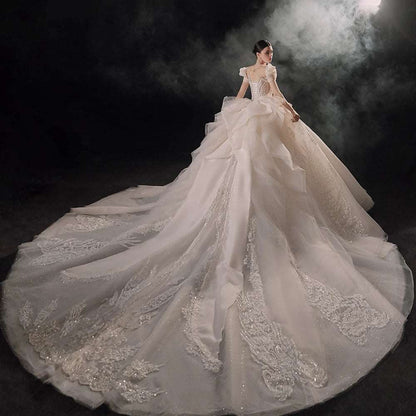 Champagne Silk Embroidered Princess Wedding Gown with Cap Sleeves & Chapel Train