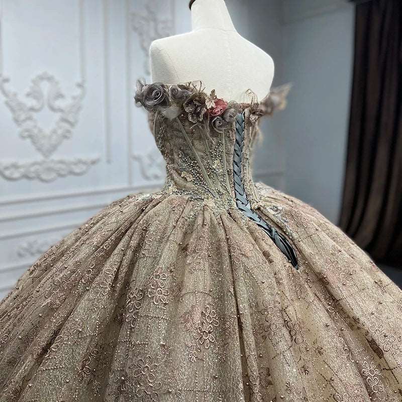 Vintage Mocha Taupe Off Shoulder Rustic Wedding Gown with Pearls & Flower Details - 80d3e6-0e.myshopify.com - -  