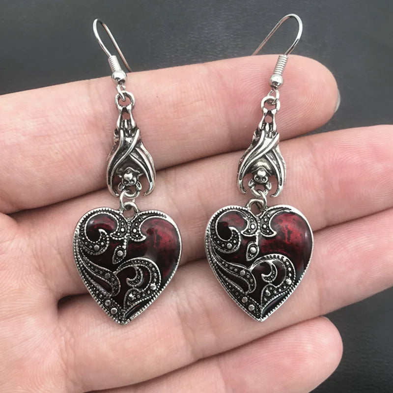 Gothic Darkened Crimson & Silver Heart Pendant Earrings with Bat Detail - 80d3e6-0e.myshopify.com - -  