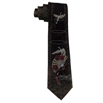 Men's Oriental Crane & Fan Chinese Style Black Jacquard Embroidered Necktie