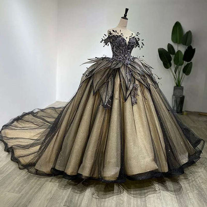 Dark Fantasy Taupe & Black Glitter Wedding Gown with Gothic Flower & Feathers - 80d3e6-0e.myshopify.com - -  