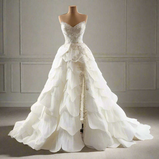 Vintage Flower Petal Ruffles White Wedding Gown with Gold Sequin High Slit - 80d3e6-0e.myshopify.com - -  