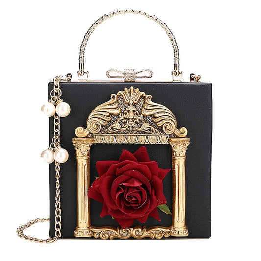 Luxury Classical Vintage Style Gilded Frame & Rose Faux Leather Women's Handbag