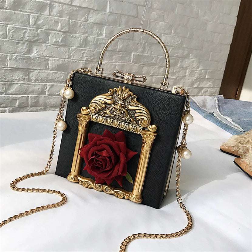 Luxury Classical Vintage Style Gilded Frame & Rose Faux Leather Women's Handbag - 80d3e6-0e.myshopify.com - Black -  Black