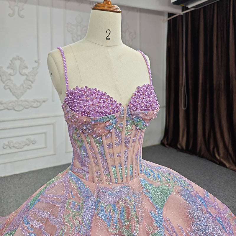 Luxury Pink Tulle Ball Gown with Multicolored Abstract Glitter & Beaded Pearls