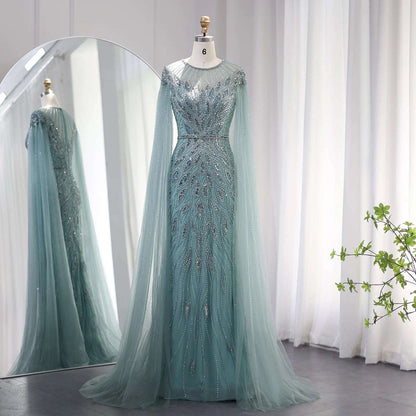 Women's Luxury Mermaid High Neck Evening Gown with Cape Sleeves & Rhinestones