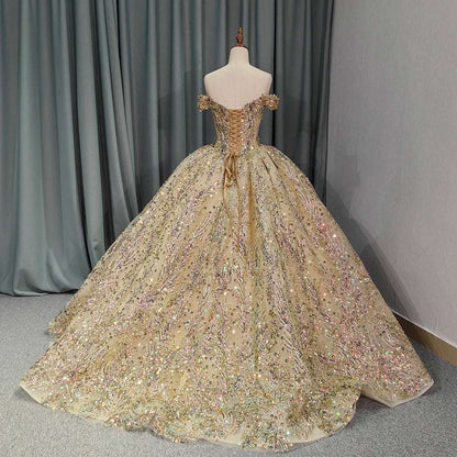 Luxury Golden Evening Ball Gown with Multicolored Sequins & Sweetheart Neckline