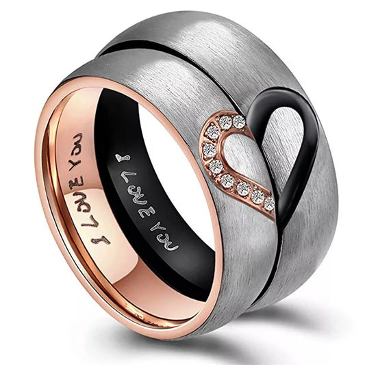 Rose Gold/Black Engraved Zircon Love Heart Matching Couple Promise Ring