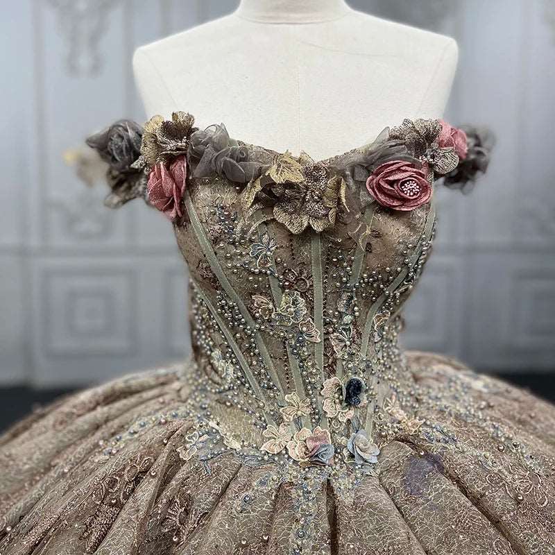 Vintage Mocha Taupe Off Shoulder Rustic Wedding Gown with Pearls & Flower Details - 80d3e6-0e.myshopify.com - -  