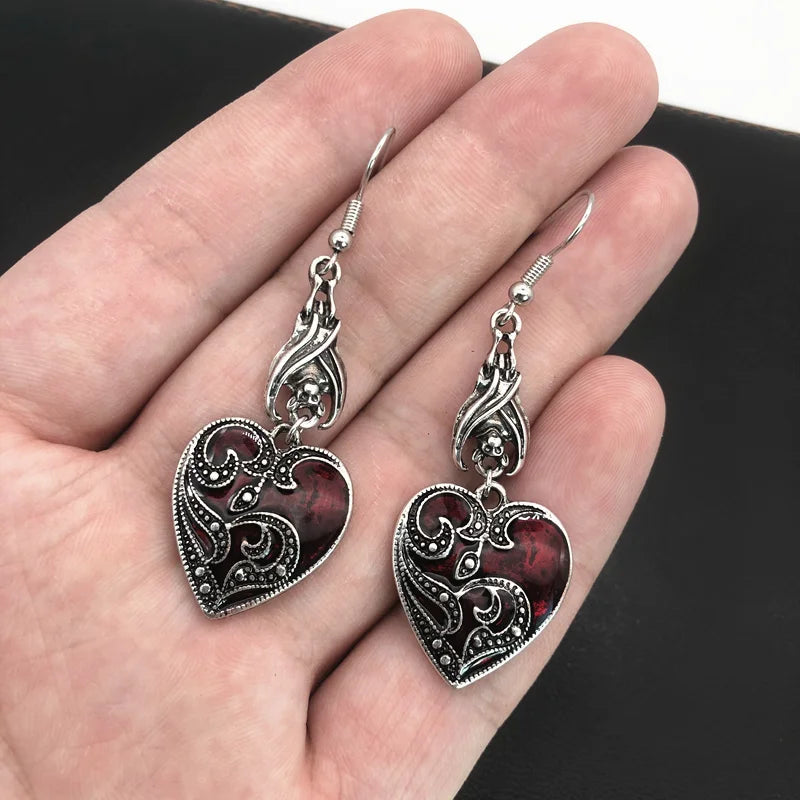 Gothic Darkened Crimson & Silver Heart Pendant Earrings with Bat Detail - 80d3e6-0e.myshopify.com - -  