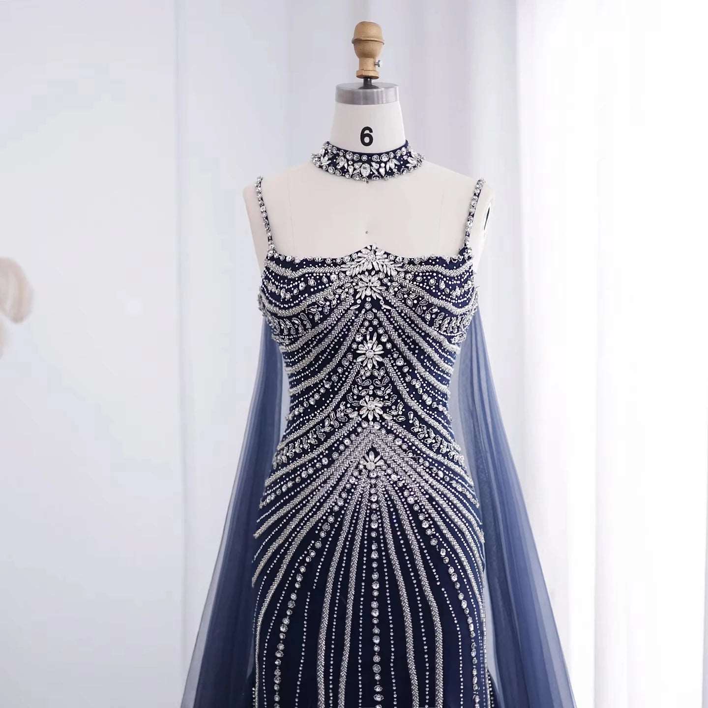 Navy, Pink or Silver Mermaid Women's Evening Gown with Rhinestone Choker Cape - 80d3e6-0e.myshopify.com - -  