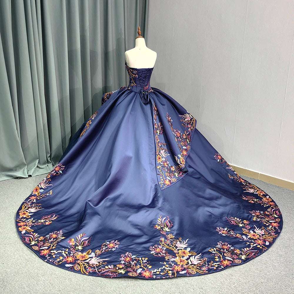 Navy Glitter Off-Shoulder Evening Gown with Floral Applique Purple Satin Corset - 80d3e6-0e.myshopify.com - -  