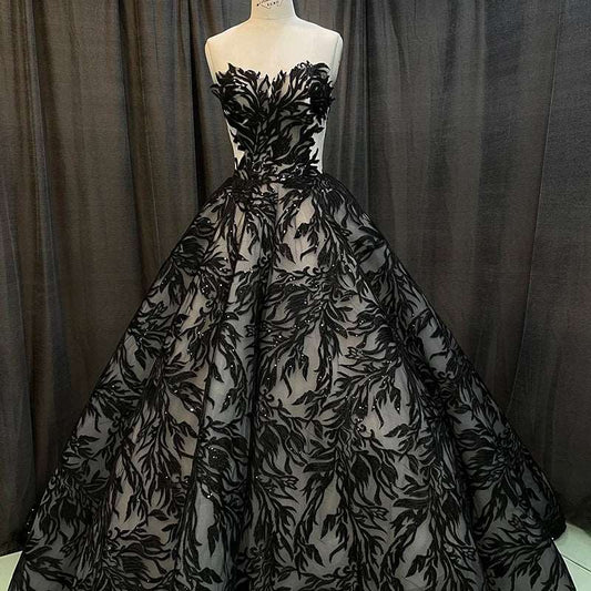 Gothic Black Off-Shoulder Floral Sheer Ball Gown with Sweetheart Neckline