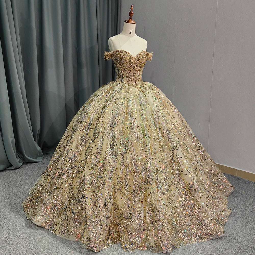 Luxury Golden Evening Ball Gown with Multicolored Sequins & Sweetheart Neckline