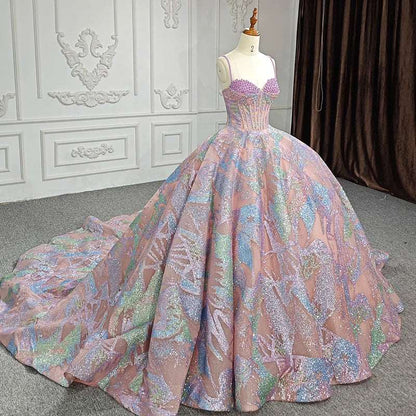 Luxury Pink Tulle Ball Gown with Multicolored Abstract Glitter & Beaded Pearls