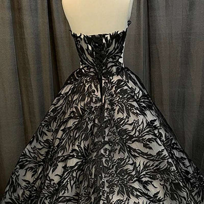 Gothic Black Off-Shoulder Floral Sheer Ball Gown with Sweetheart Neckline