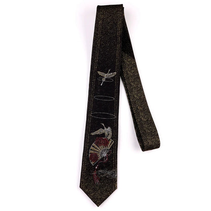 Men's Oriental Crane & Fan Chinese Style Black Jacquard Embroidered Necktie