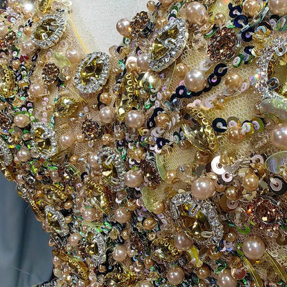 Luxury Golden Evening Ball Gown with Multicolored Sequins & Sweetheart Neckline