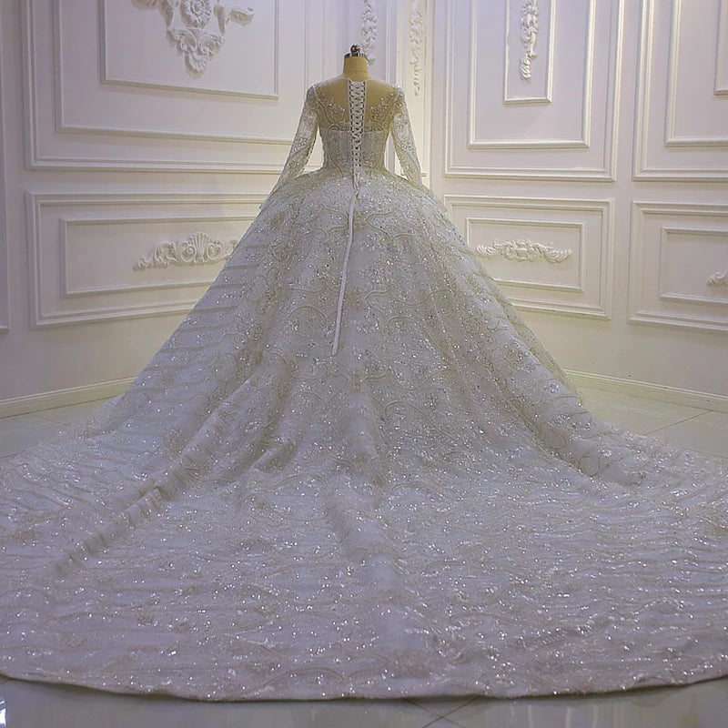 Silk Ivory Long Sleeve Wedding Ball Gown with Silver Crystal & Lace Embroidery