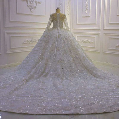 Silk Ivory Long Sleeve Wedding Ball Gown with Silver Crystal & Lace Embroidery - 80d3e6-0e.myshopify.com - -  