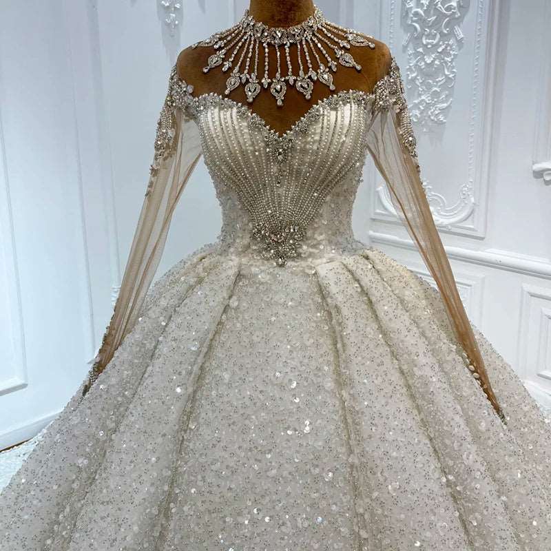 Luxury Pure Silk Crystal Embroidered Wedding Gown with Choker & Chapel Train