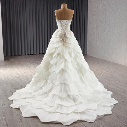 Vintage Flower Petal Ruffles White Wedding Gown with Gold Sequin High Slit