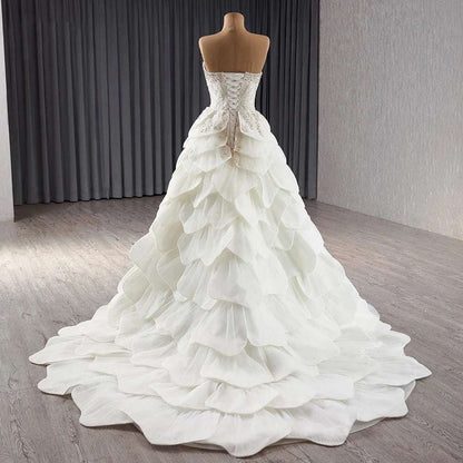 Vintage Flower Petal Ruffles White Wedding Gown with Gold Sequin High Slit - 80d3e6-0e.myshopify.com - -  