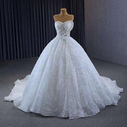 White Sequined Wedding Ball Gown with Heart Sweetheart Neckline & Chapel Train