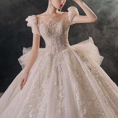 Champagne Silk Embroidered Princess Wedding Gown with Cap Sleeves & Chapel Train