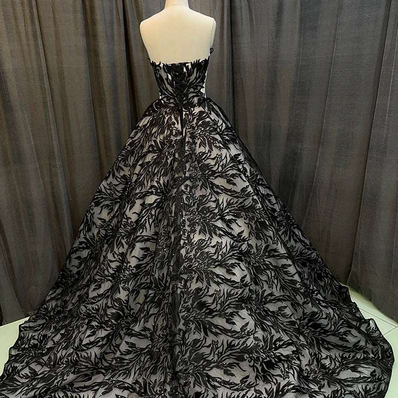 Gothic Black Off-Shoulder Floral Sheer Ball Gown with Sweetheart Neckline