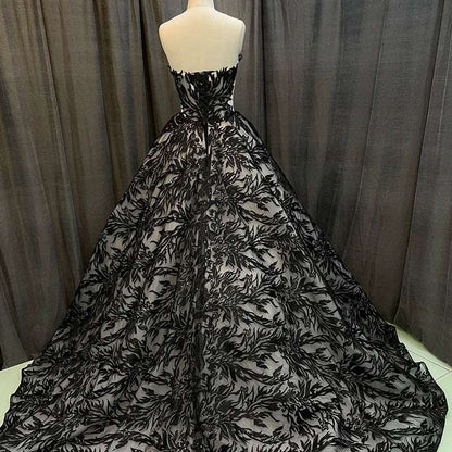 Gothic Black Off-Shoulder Floral Sheer Ball Gown with Sweetheart Neckline